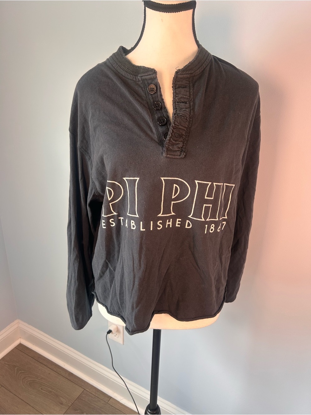 J. America Black Long-Sleeve Henley with Pi Phi Chest Print